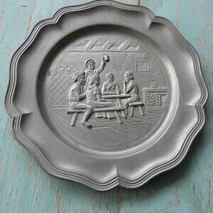 Vintage Decorative Pewter Wall Plate with German Tavern Scene History GERMANY